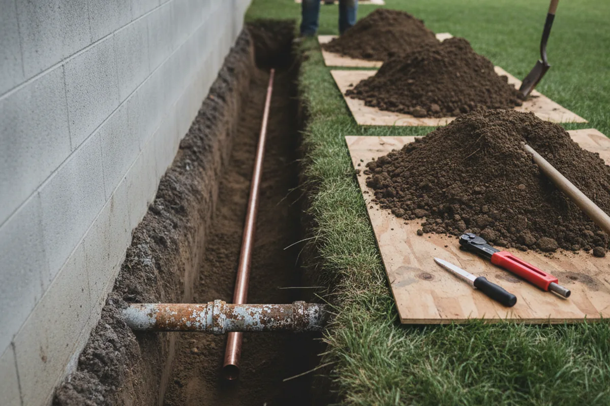 Excavated water line trench during Sewer Line Repair in Toledo